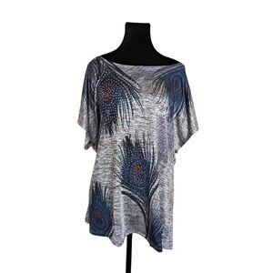 Lavish Peacock Feather Print with Rhinestone, Blue, aqua and cinnamon Size  2XL